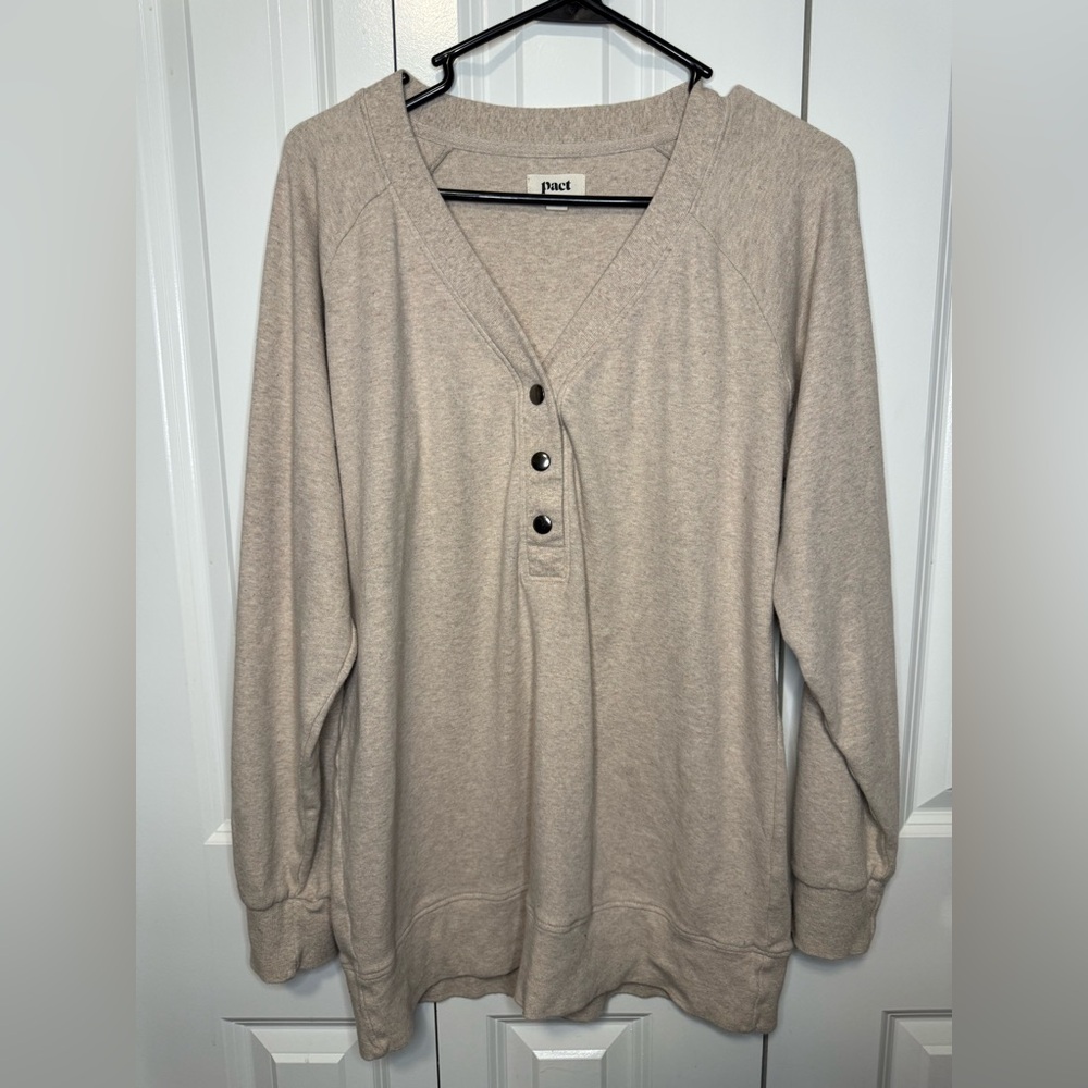 Pact Organic Cotton Henley Sweatshirt Oatmeal Beige Long Sleeve Size M